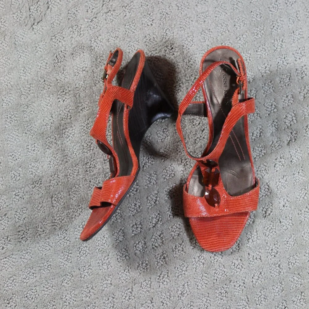 Anne Klein Sz 6.5M Orange Jeweled Snakeskin Wedge Heel Shoes